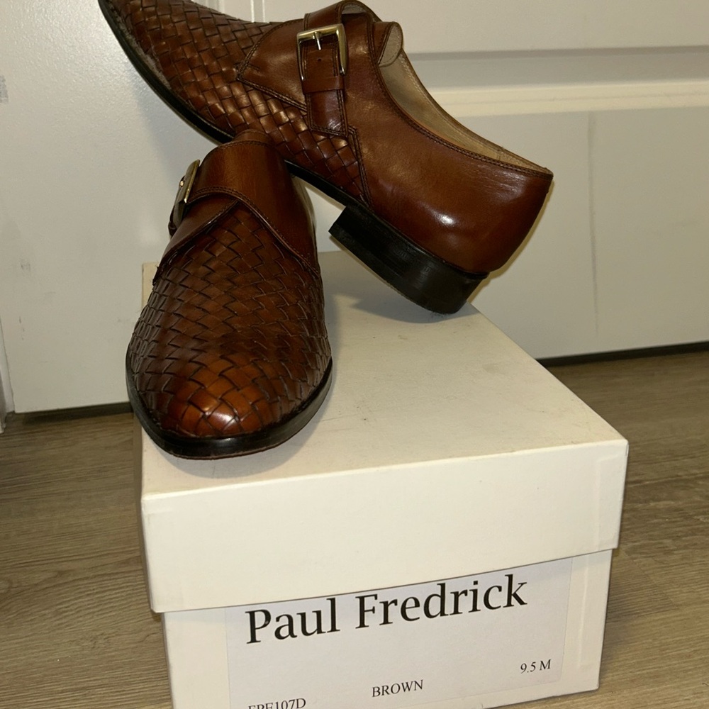Paul Fredrick Men's Brown Monk Strap Woven Leather Dress Shoes Sz US 9.5